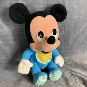 Vintage Mickey Mouse Baby Playskool Disney Babies 10” Plush Toy Blue With Bib​